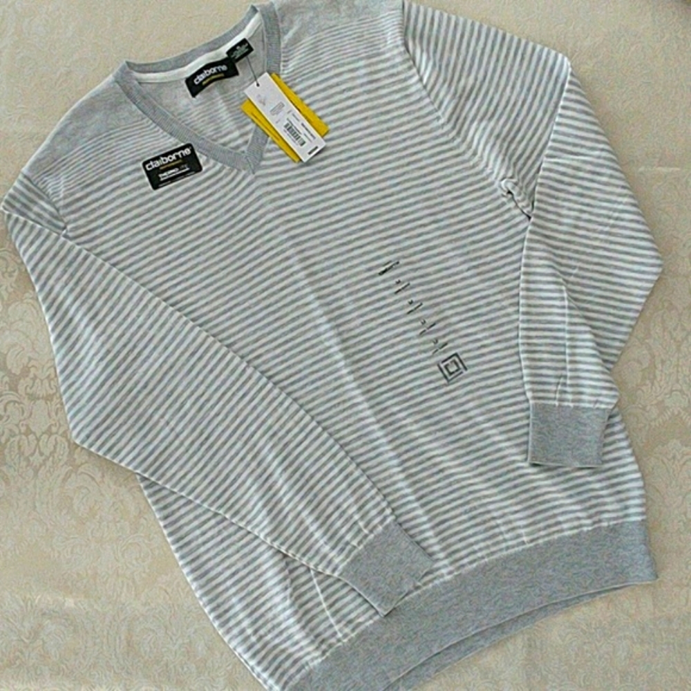 Men's Claiborne gray and white striped  sweater.